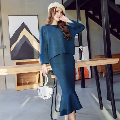 Женский трикотажный костюм двойка свитер и юбка с длинным рукавом|women sweater set|sweater
