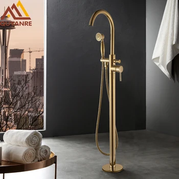 

Quyanre Golden Bathtub Shower Faucet Single Handle Hot Cold Water Mixer cTap Brass Handshower Floor Standing Bath Shower Faucet