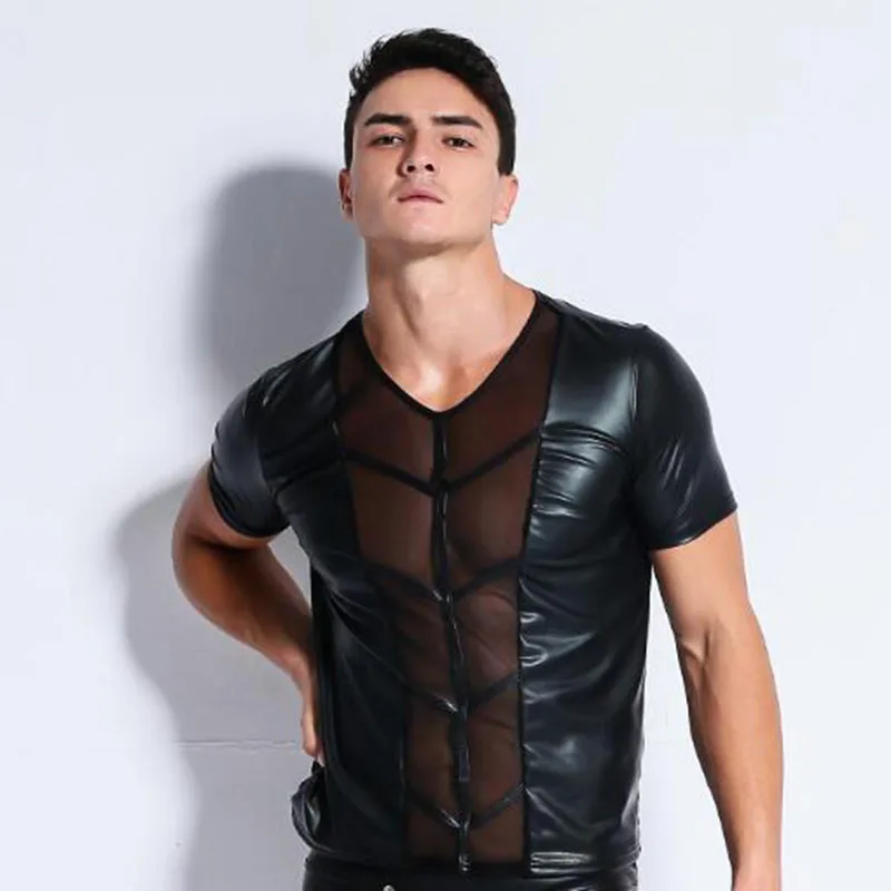 

latex men faux leather t shirts Male fashion Undershirts Men black Tees tight shirts Gay Funny corset lace mesh Dancewear
