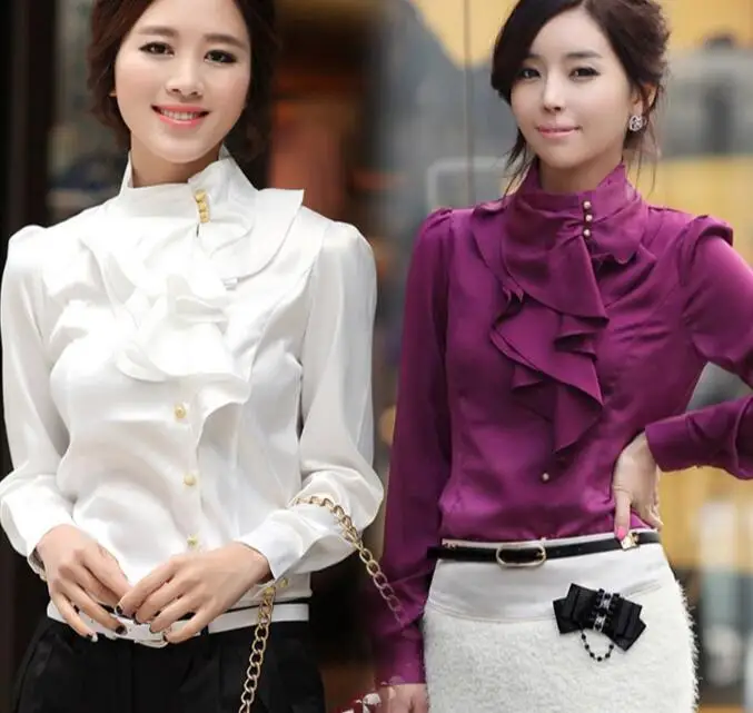 Skup Koreański Szczupła Elegancka OL Biuro Formalne OL Szyfonowe Bluzki Koszule Kobiety Falbanką Ruffles bluzy Z Długim Rękawem Topy Z S 2XL