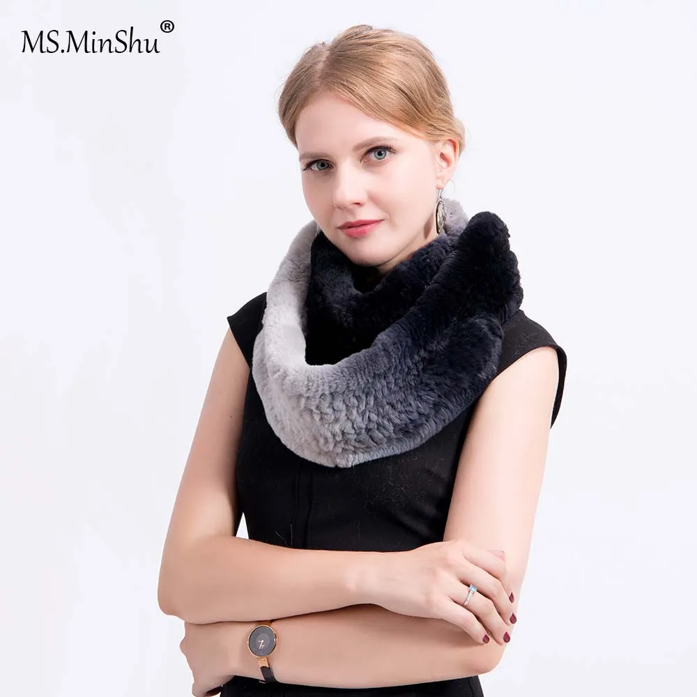 

Ms.MinShu Real Rex Rabbit Fur Scarf Hand Knit Thickness quality Gradient Color Scarf Woman Real Fur Scarf Infinite Ring Scarf