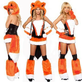 

Animal Wolf Faux Fur Costume Women Halloween Fancy Party Dress Carnival Sexy Wolf Cosplay Orange Outfits With the Tail 80666