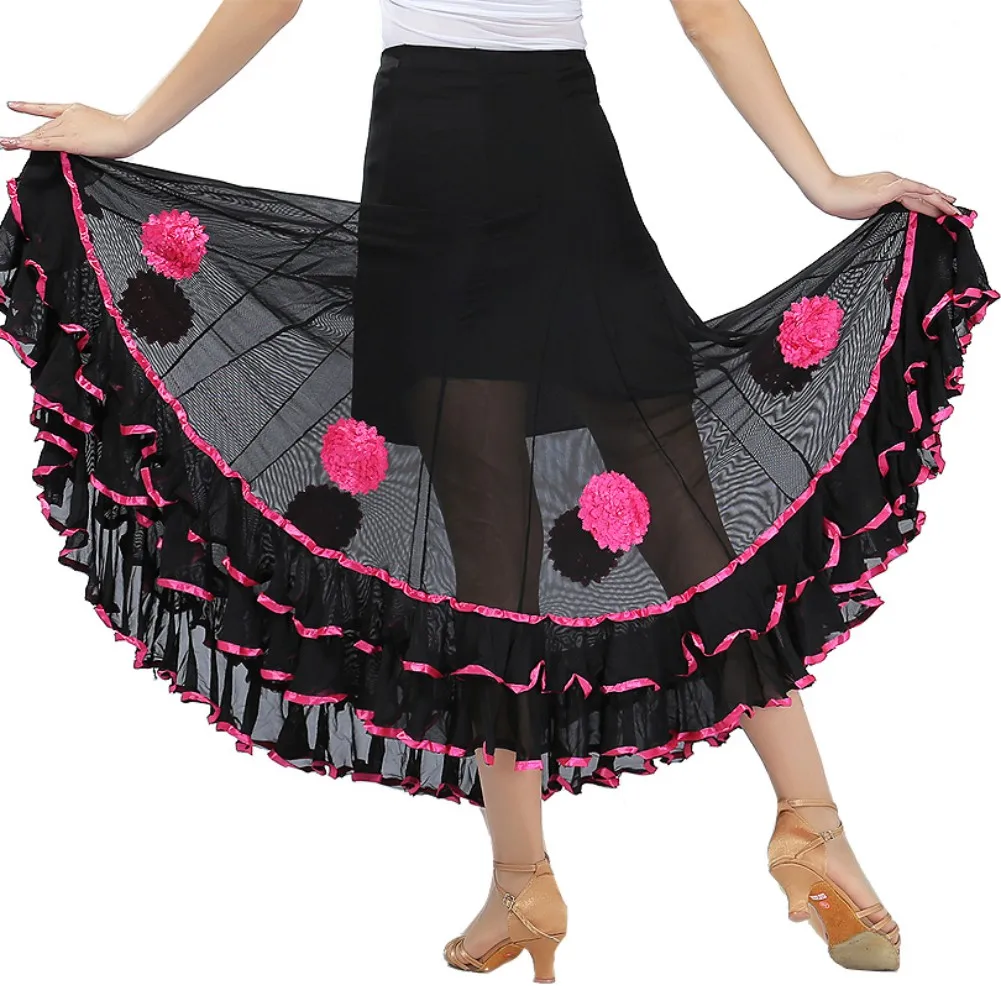 Модная Современная юбка для танцев, юбки с цветами и блестками, юбки для танго, бальных танцев, вальса, юбки для женщин, для взрослых, вечерние юбки средней длины
