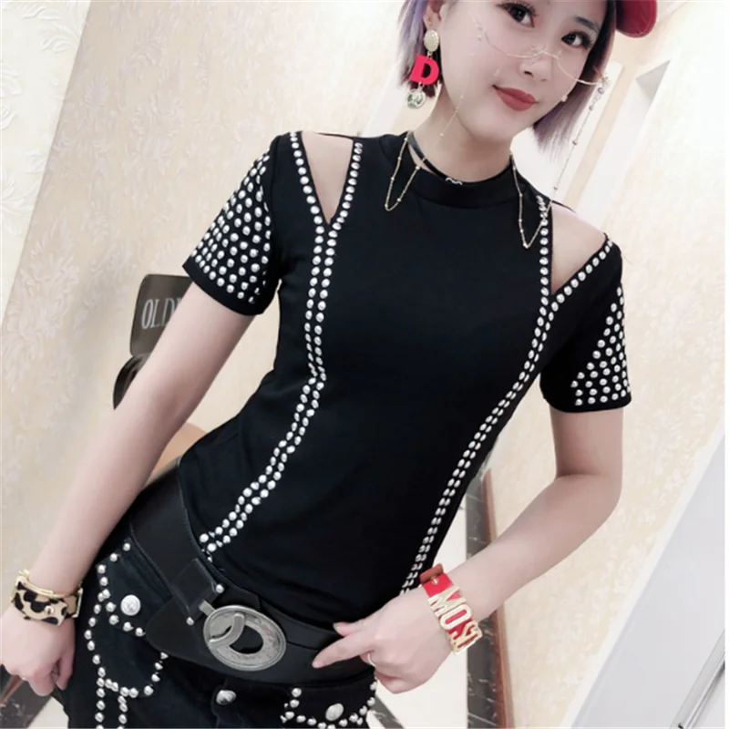 

T-shirts female Rhinestone Off Shoulder summer fashion tops women's diamond tshirt tees Poleras De Mujer Moda 2019 XXXL t shirt
