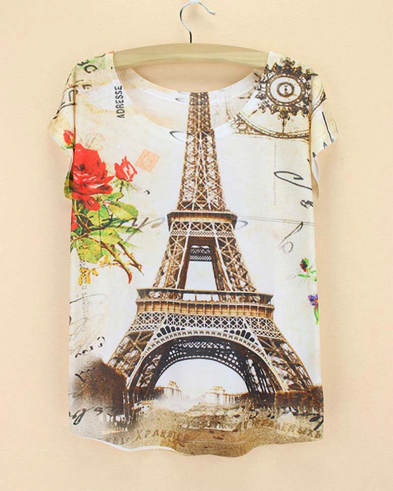 

Fashion print Eiffel Tower t-shirt women tops tees Paris famous symble summer clothes fashion designer plus size clothing sale