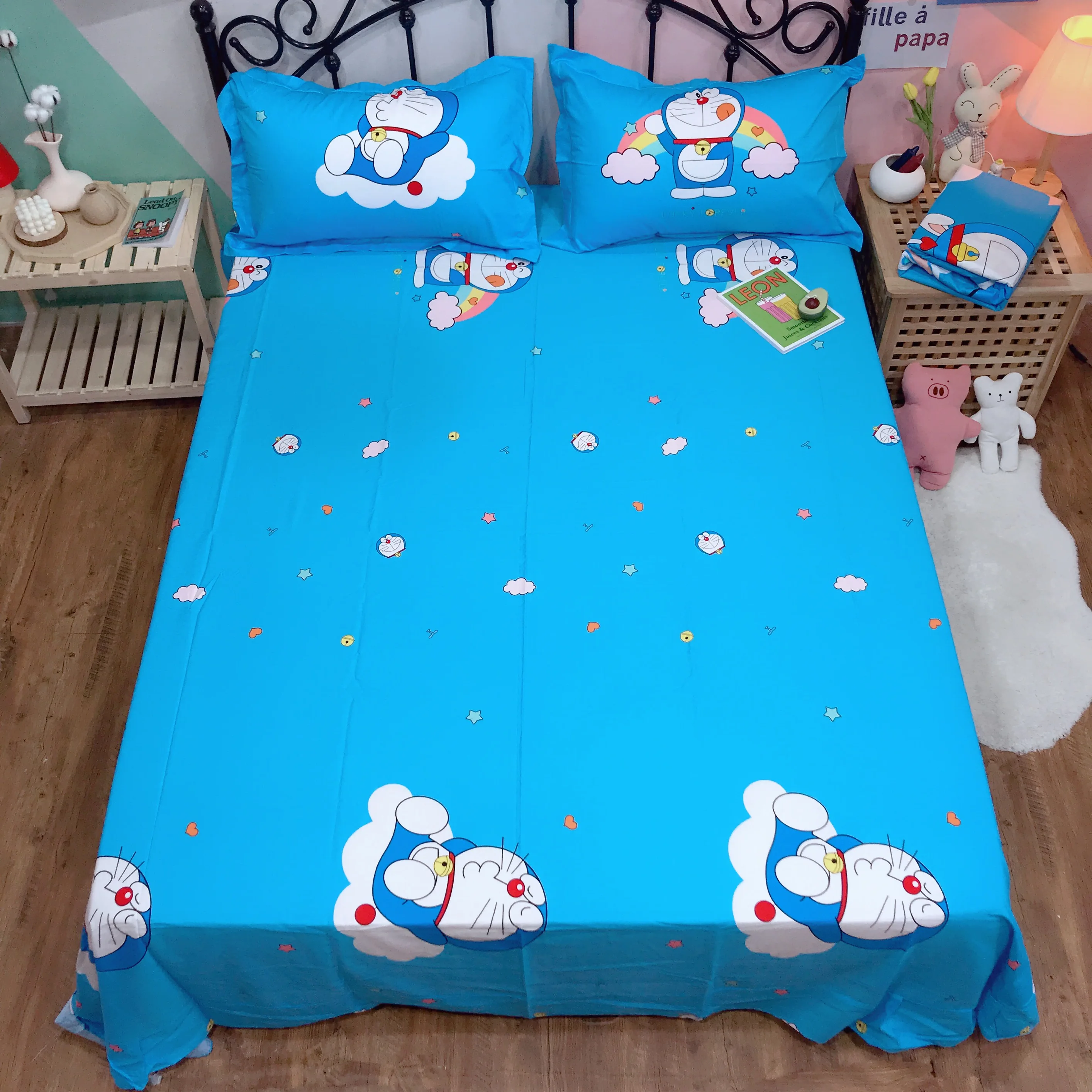 Комплект постельного белья с героями мультфильмов Doraemon, детская спальня, чистое хлопковое стеганное одеяло, двойной королева, король, милое пуховое одеяло, простыня, Синий Постельное белье