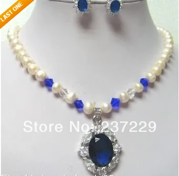 

Wholesale price FREE SHIPPING aset white freshwater pearl crystal necklace earring (A0423)