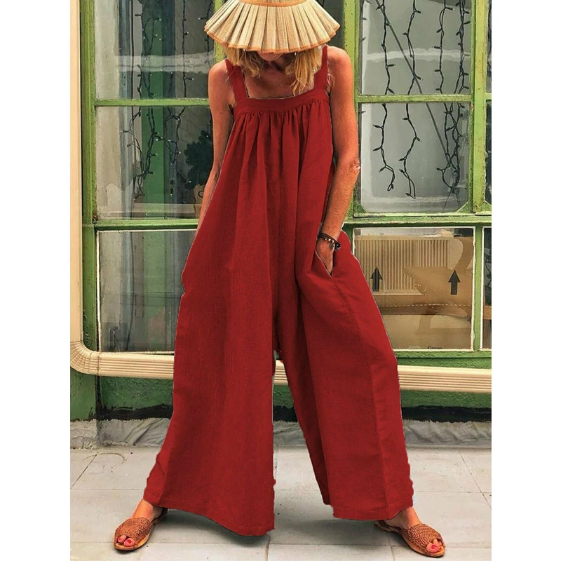 Красный Женские комбинезоны, свободные, повседневные, женские, Cami Romper, багги, комбинезон, широкие брюки - Цвет: Красный