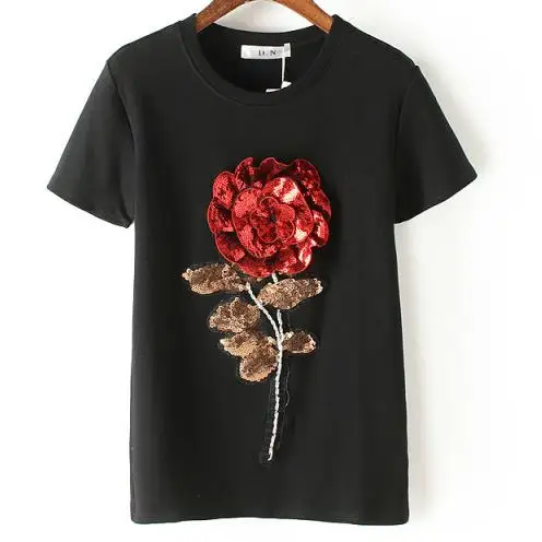 Nueva camiseta de lentejuelas de verano para mujer de algodón de moda de flores rosas para mujer camiseta camisetas mujer Nueva camiseta de lentejuelas de verano para mujer de algodón de moda de flores rosas para mujer camiseta camisetas mujer