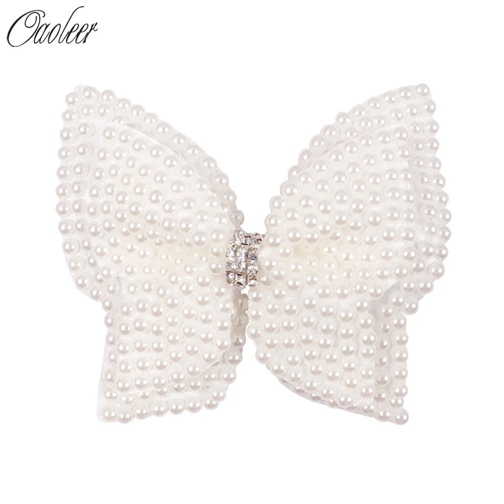 

Boutique Lovely White Pearl Hairbow Solid Chic Bowknot With Clips Central Rhinestone Hairbows For Princess Hair Accessories