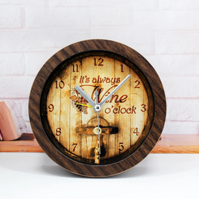 Alarm Clock 3D Retro Wooden Desk Table Stand Clock Needle Mute Alarm Clock Students Children Round Clock Home Office Decor