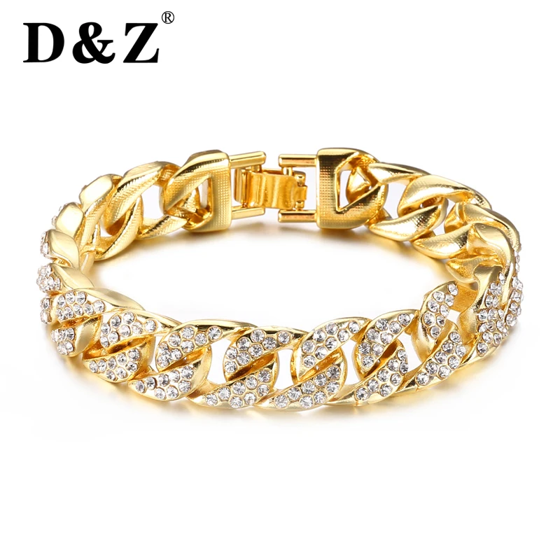 

D&Z Hip Hop Men's Rapper Bracelet Full Rhinestone Pave Gold Color Bling Iced Out Miami Cuban Link Chain Bracelet for Men Jewelry