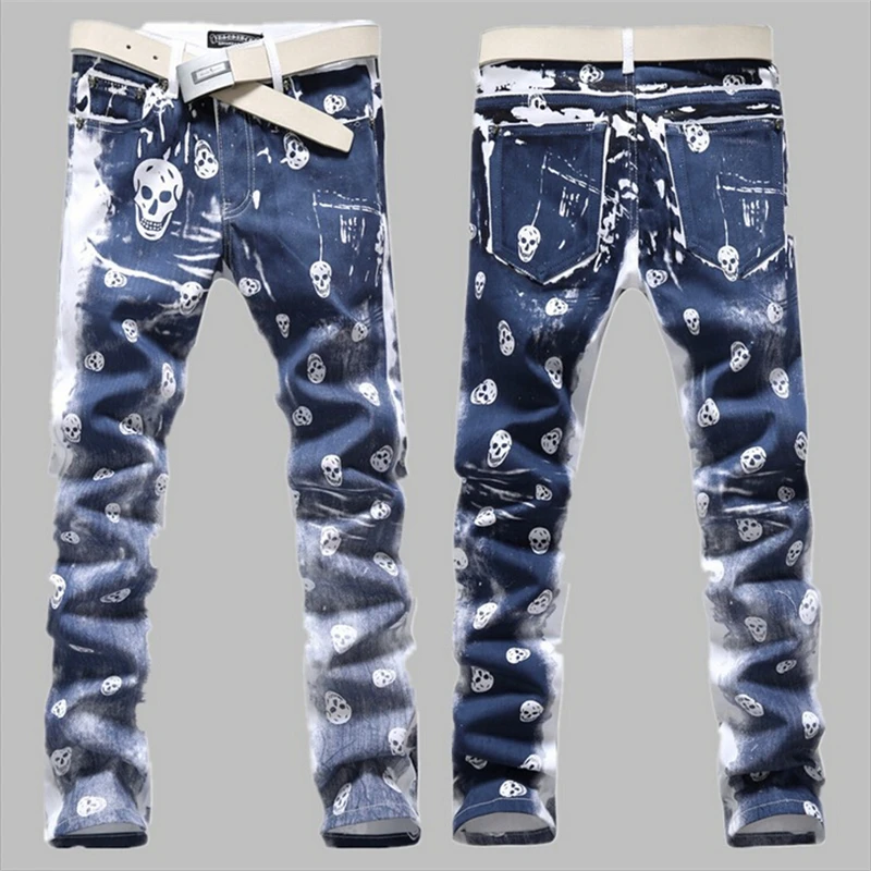 Men Skull Print Jeans Straight Casual Jeans Fashion Design Jean Homme