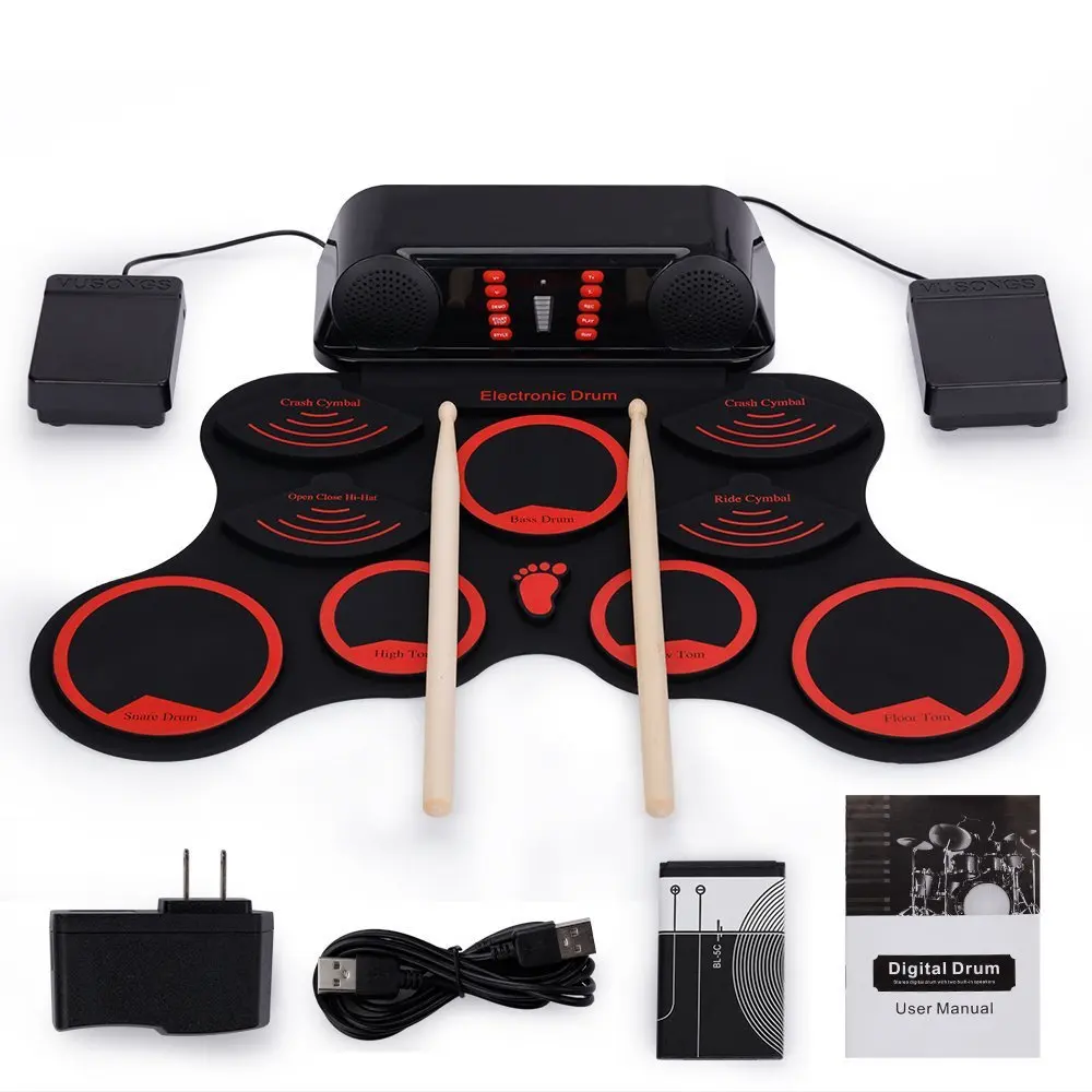 

New 9 Silicon Pads Portable Electronic Roll Up Drum Set With Sticks Foot Pedals
