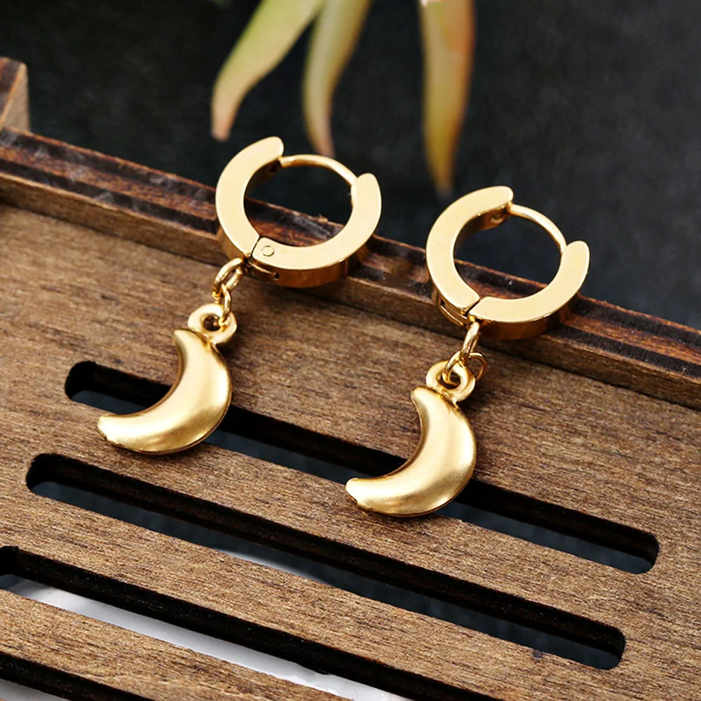 

Hot Sale 2019 Fashion Women's Stainless Steel Earrings Golden Moon Pendant Earrings Jewelry earrings for women Dropshipping F3