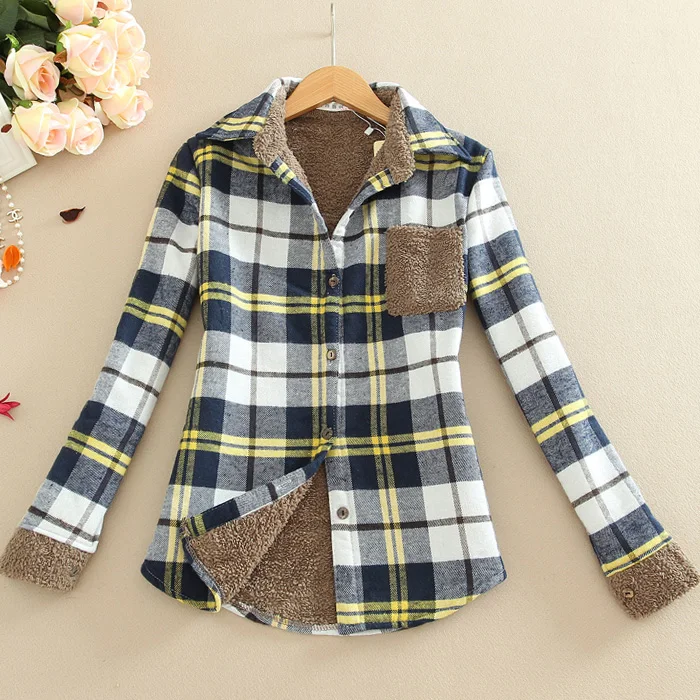 New Fleece Thick Warm Women's Plaid Shirt Female Long Sleeve Tops S-XXL Winter Button Casual Check Blouse Autumn Clothes T78401A Blouses