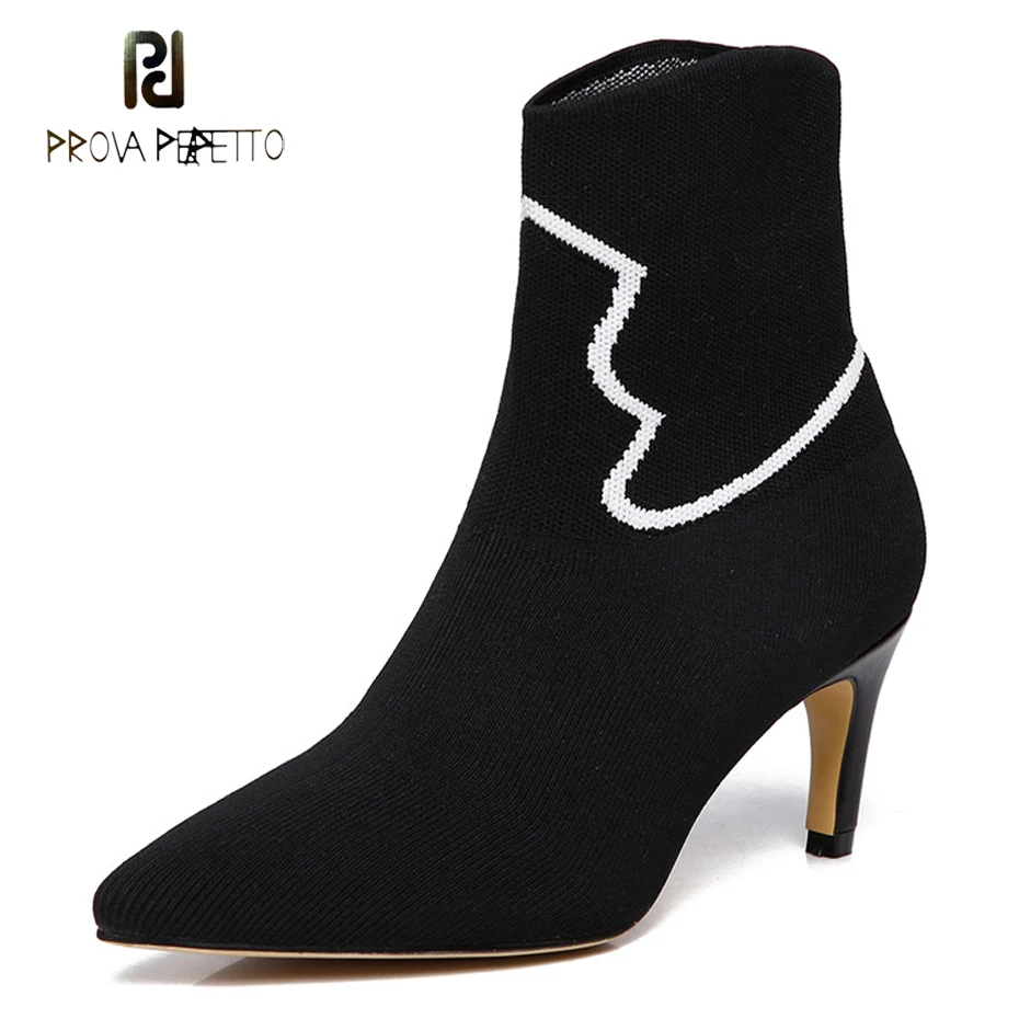 

Prova Perfetto fashion new mixed color white stripe women stretch knitting boots pointed toe thin high heel lady sock ankle boot