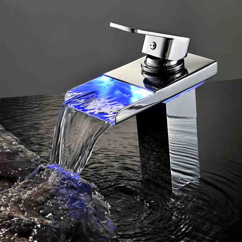 

2018 New Style Mordern Water Powered LED Bathroom Basin Faucet.Temperature Sensor Waterfall 3 LED Light Change Sink Mixer Tap