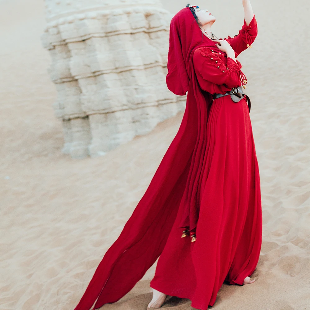 Красное винтажное осеннее платье с длинным рукавом и кисточками, 2 предмета, топ на бретелях, макси платье, женское шифоновое платье в цыганском хиппи, пляжные длинные великолепные платья