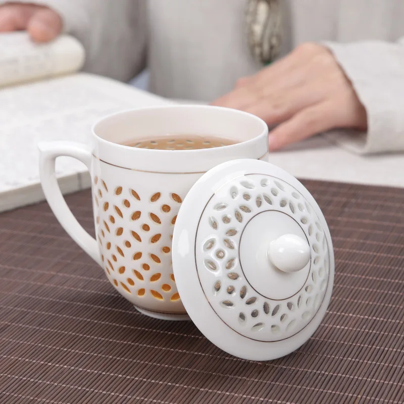 Изысканная 300 мл Цзиндэчжэнь пустотелая сотовая стеклянная керамическая фарфоровая чайная чашка для здоровья кружка для молока кофе чайная чашка с крышкой блюдце