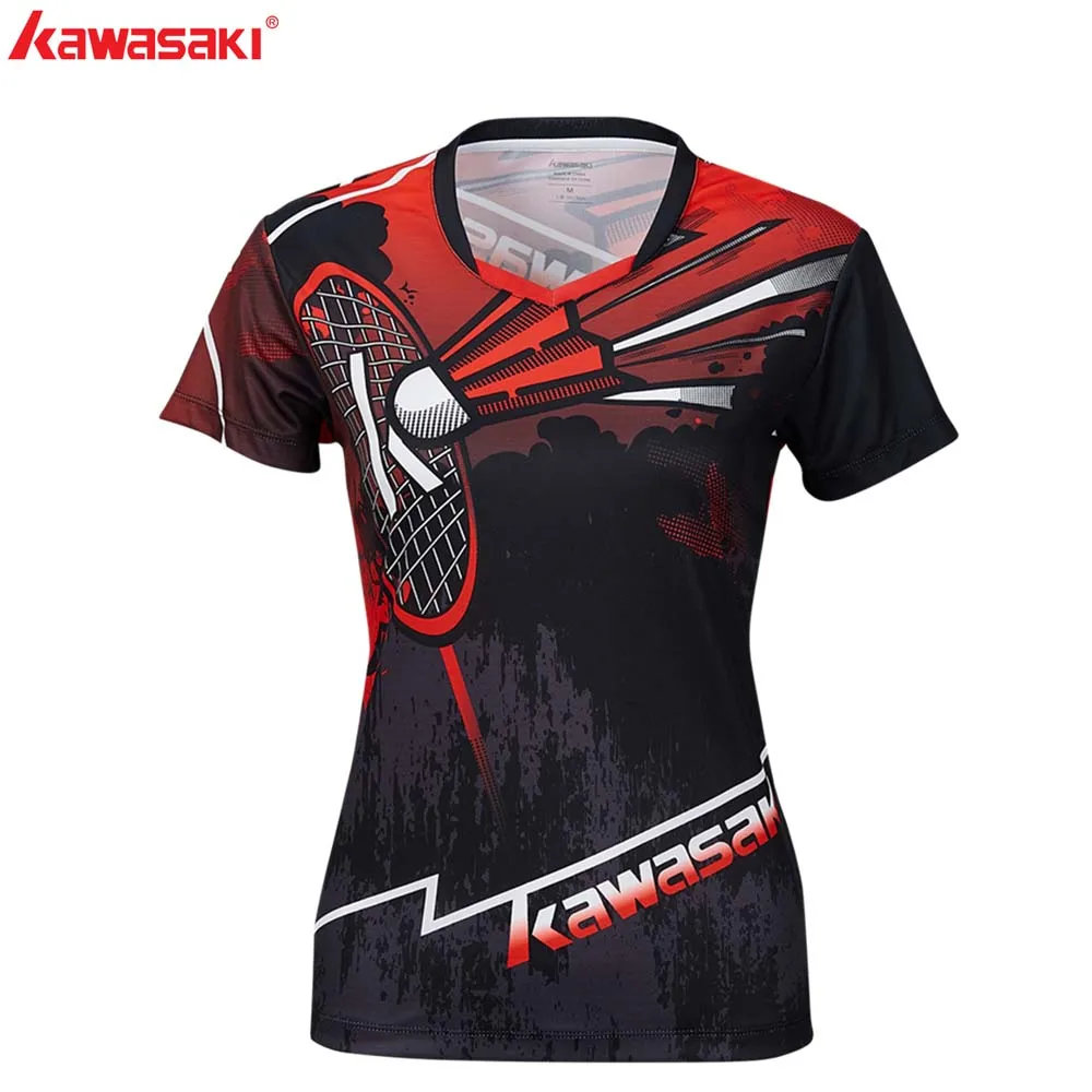 Kawasaki Clothing Badminton Shirt Women Shirt V-Neck Short Sleeve Polyester Breathable Sportswear F