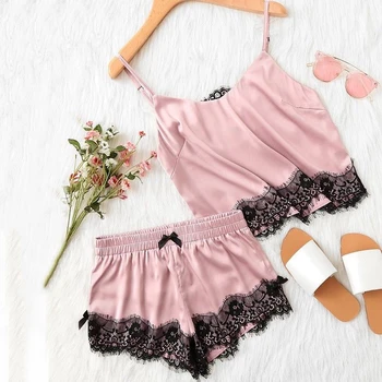 

Womens Sexy Lingerie pajama set Lace Elegant Pink Strap Satin silk Cami vest Lace top shrots Sleepwear donna pyjama femme