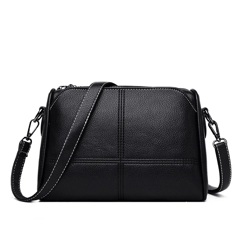 Новое высокое качество из мягкой кожи двойной сумки с ремнем на плечо 3 слоя карманный дизайн Для женщин плеча Курьерские Сумки Sac A Main Femme - Цвет: Black