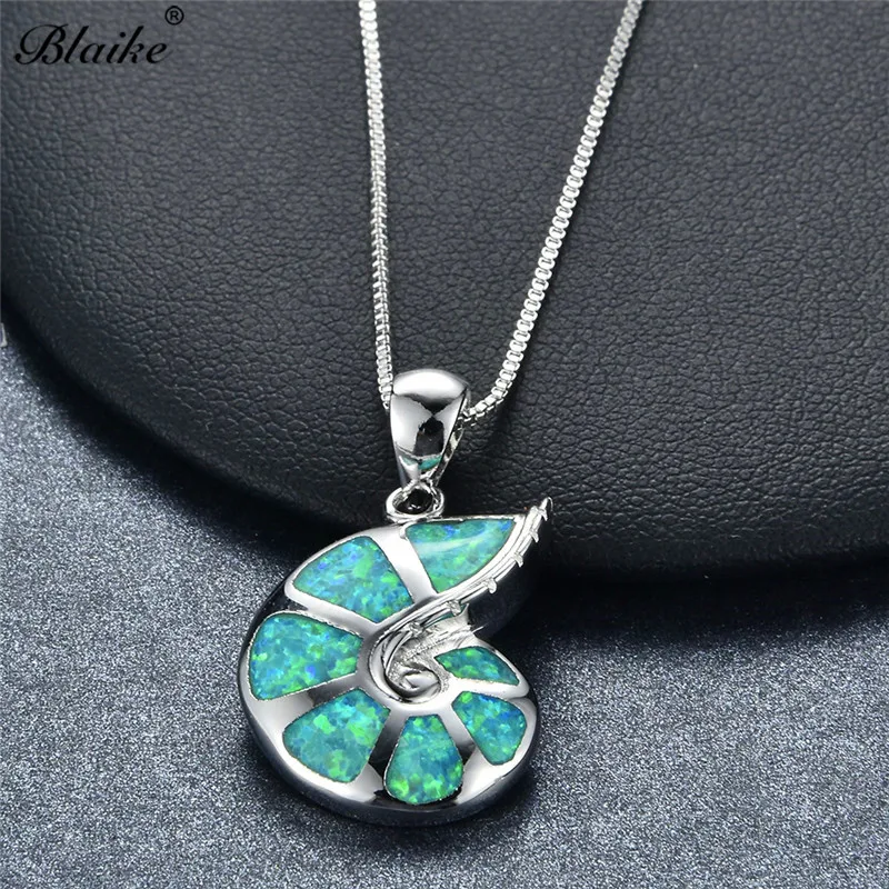 Blaike Personality Conch Green/Orange/Purple/White Fire Opal Pendant Necklaces for Women Silver Color Jewelry gift | Украшения и