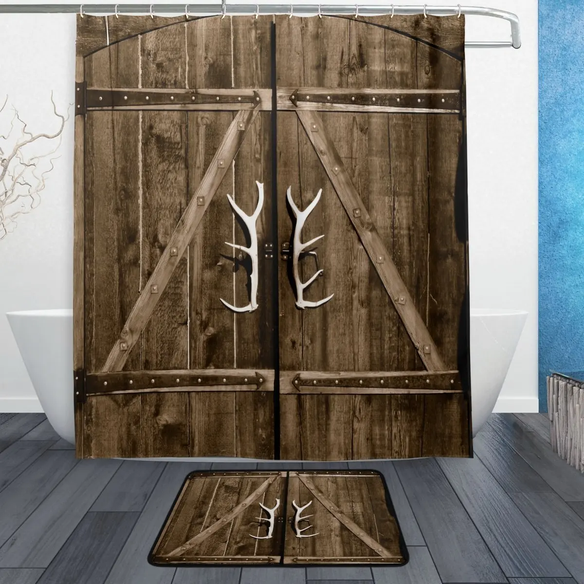 

Wooden Wood Vintage Retro Shower Curtain and Mat Set, Wooden Gate Antler Handles Waterproof Fabric Bathroom Curtain