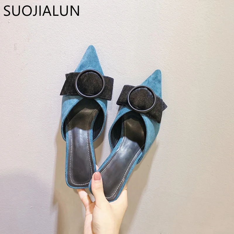 

SUOJIALUN Pointed Toe Elegant Women Mules Slippers 2019 New Med Heel Ladies Sandals Slip On Loafers Outsides Female Slides