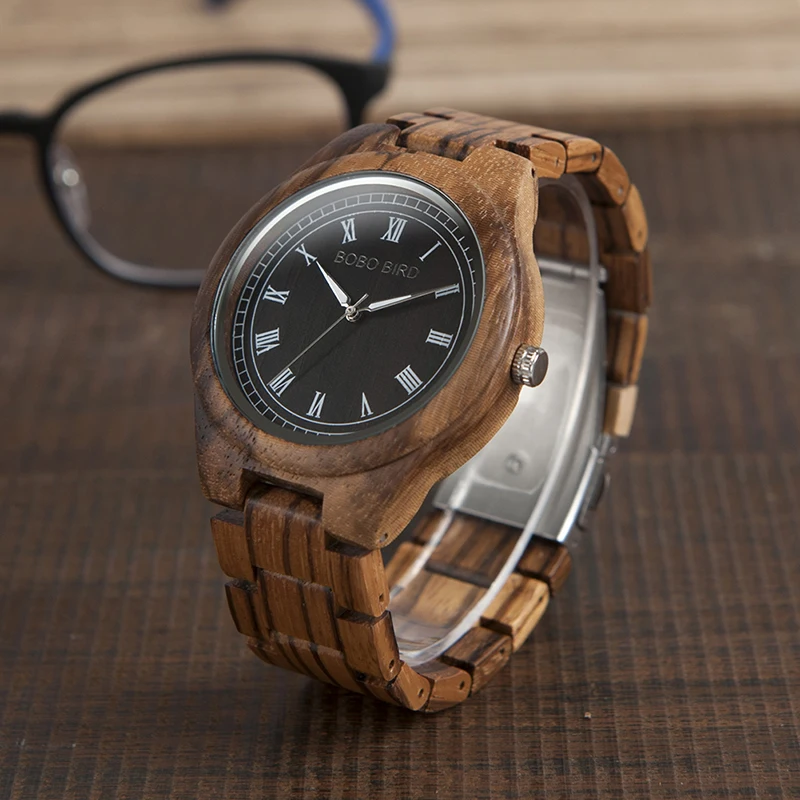 BOBO BIRD Mens Watches Zebra Bamboo Wooden Quartz Wristwatch relojes Male hombre Luminous Wood Band in Gift Box Customized