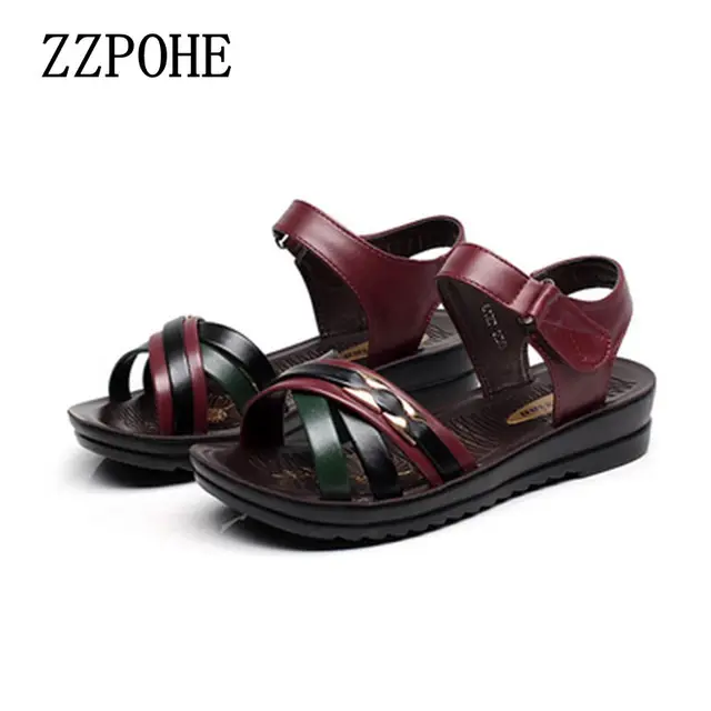 ZZPOHE Summer new mother Leather sandals large size soft soled Style woman sandals casual comfortable grandmother flat sandals