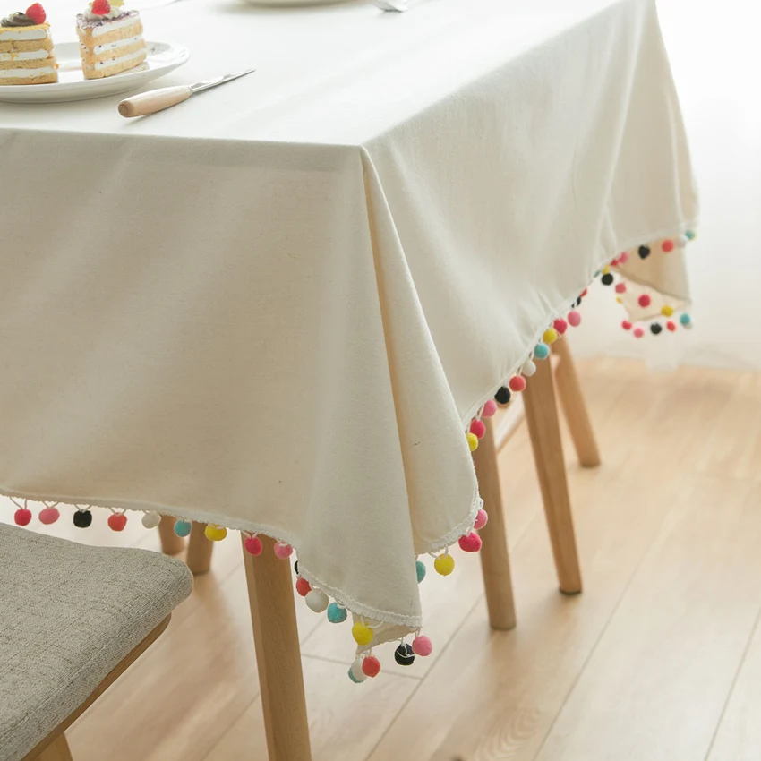 

Linen Tablecloth White Tablecloth Dustproof Coffee Table Cover Colored Hair Ball manteles para mesa rectangulares en tela
