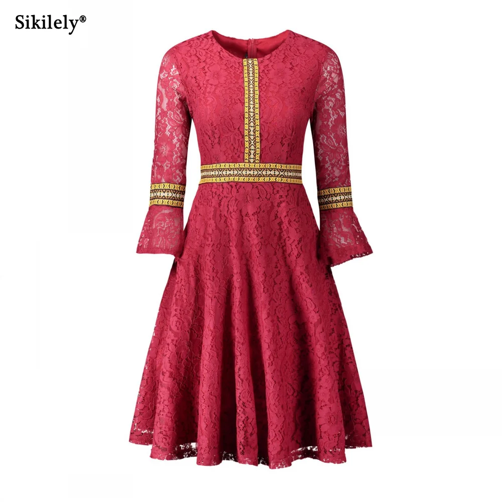 2019 Original Brand New Lace Dress Big Hem Vestidos de Renda Knee Length Burgundy Party Gown 3/4 Sleeve Women Summer | Женская одежда