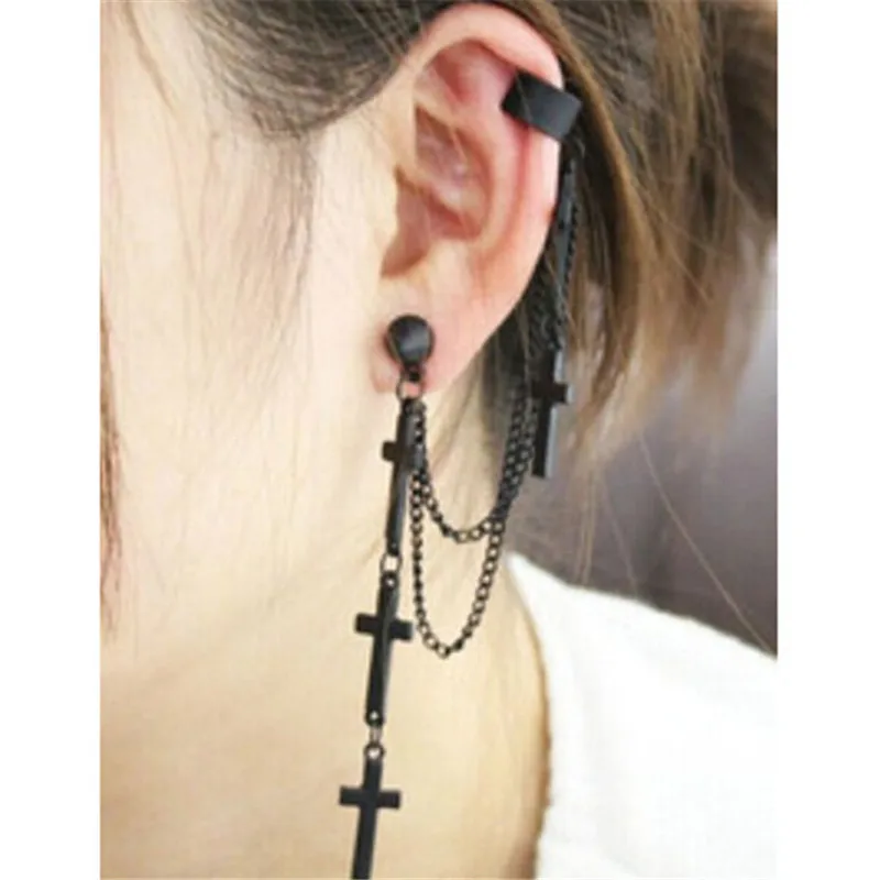 

Fatpig New Fashion 1pc Stylish Rock Punk Crosses Tassel Chain Ear Wrap Cuff Stud Clip Earring Gift Black/ Gold/ Silver