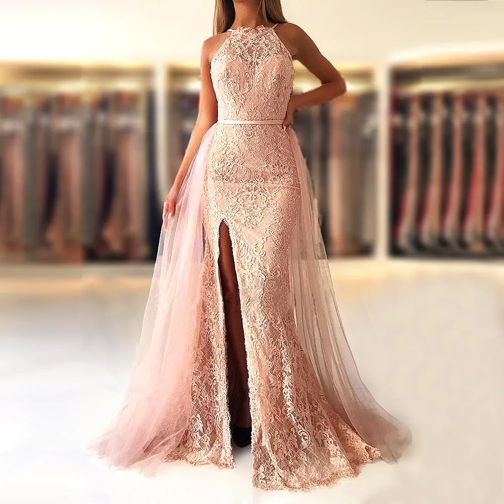 

Elegant High Quality Lace Prom Dresses High Neck Backless Removable Over Skirt Illusion Side Splits Long Evening vestido de fest