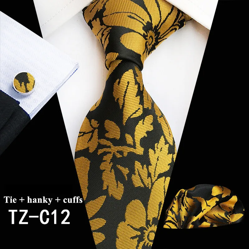 Модный дизайн, набор галстуков, деловые мужские шелковые галстуки с цветочным принтом, мужские галстуки, темно-зеленые галстуки, галстук, карманные Квадратные Запонки - Цвет: TZ-C12