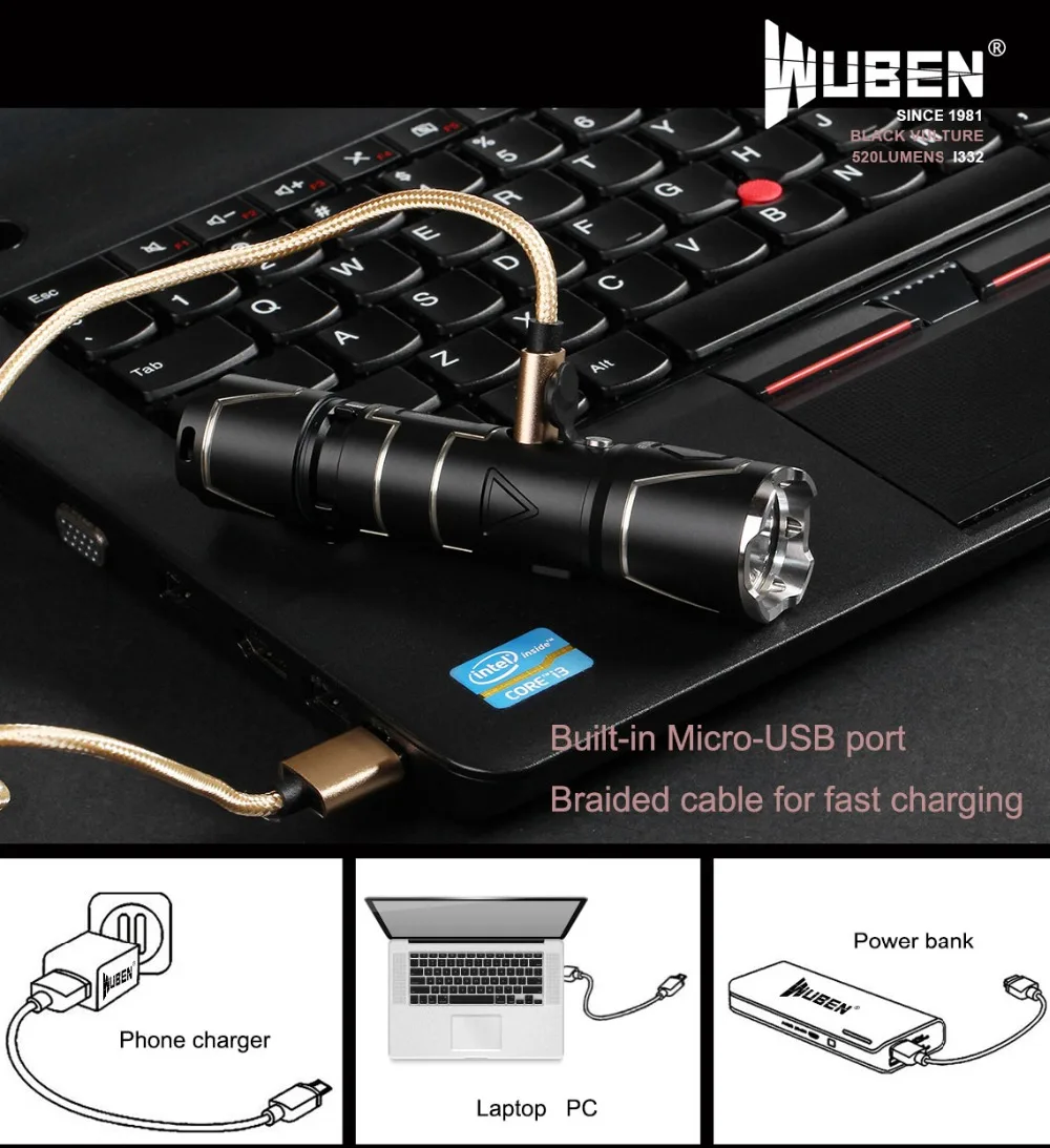 WUBEN I332 мини светодиодный светильник-вспышка USB Перезаряжаемый Тактический светильник-вспышка Cree XPL 520 люмен Водонепроницаемый 16340 фонарь-индикатор светильник