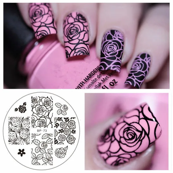 

BORN PRETTY Round Stamping Plate Rose Flower Heart Negative Space Alphabet Pattern Manicure Nail Art Image Plate