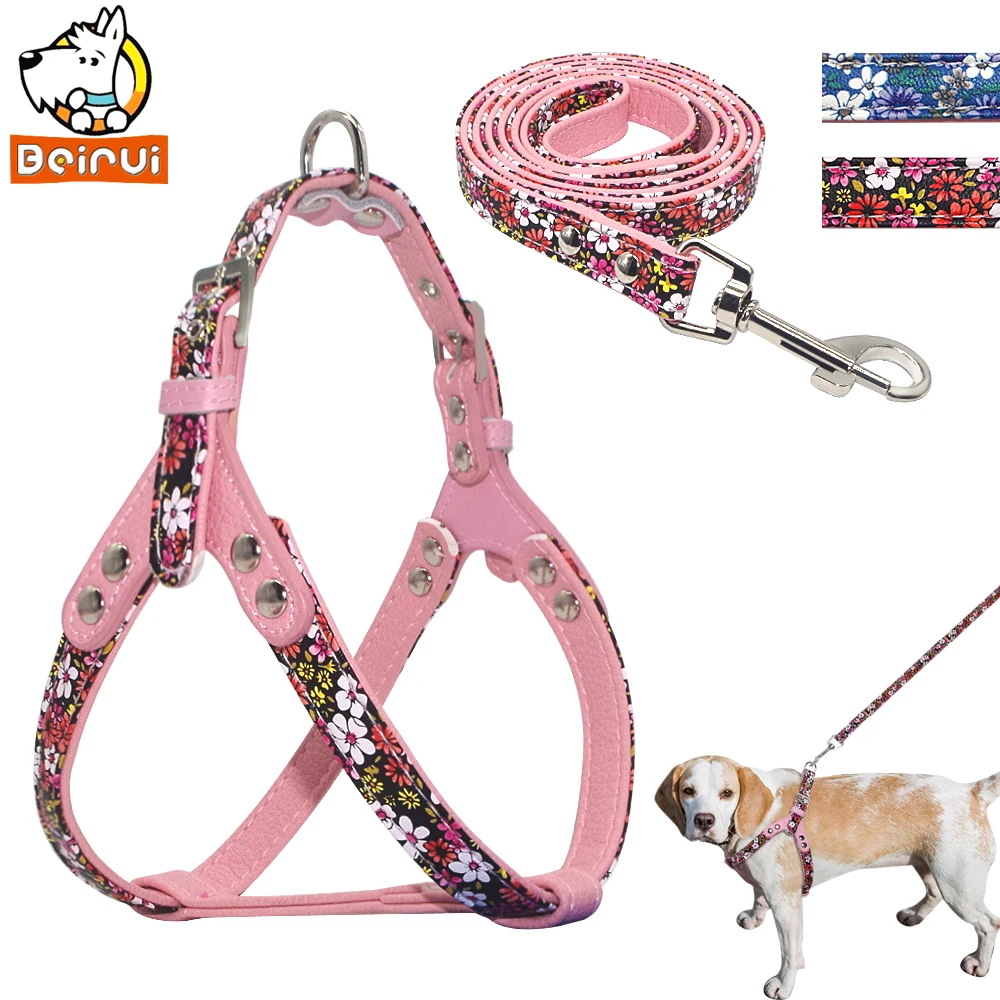 Flower Print Dog Harness Leash Set PU Leather Step In Padded Collar Harness Vest for Small Medium Dogs Pets Pitbull Red Blue