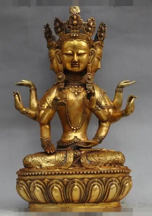 

S4841 20"Tibet Bronze Gilt pray 3 Head 8 Arms Namgyalma & Ushnishavijaya Buddha Statue