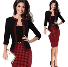 Free shippingWomens Autumn Retro Faux Jacket One-Piece Polka Dot Contrast Patchwork Wear To Work Office Business Sheath Dress