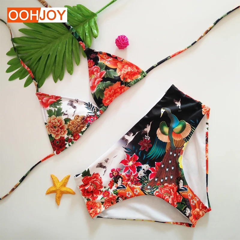 New Classic Chinese Style Print Bikini Swimsuit Women High Waist 