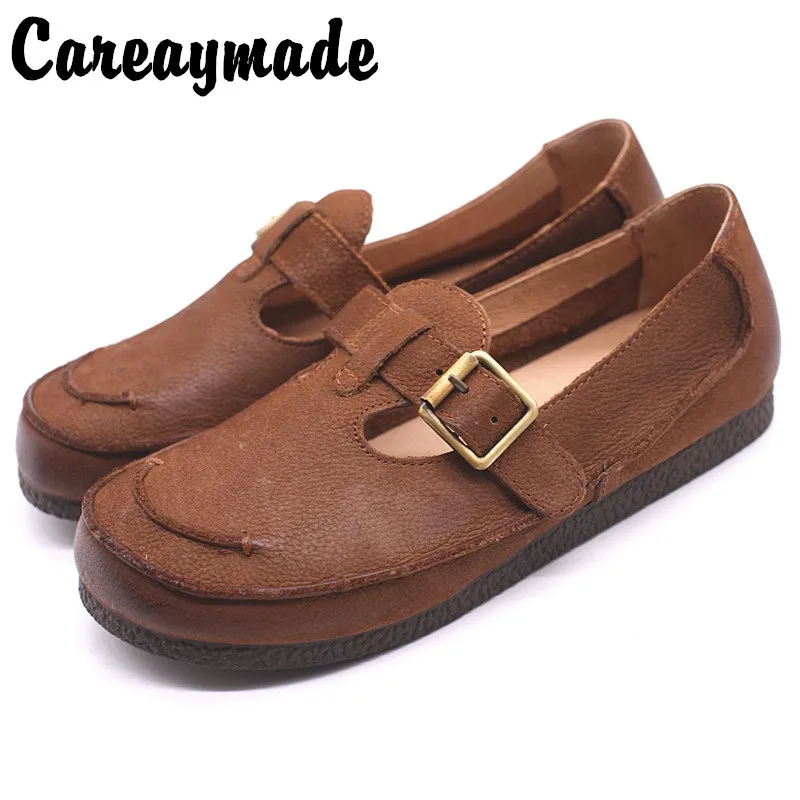 

Careaymade-Genuine Leather shoes,Literature Art Retro-vintage Pure Handicraft Department flat bottom T-shaped buckle shoes