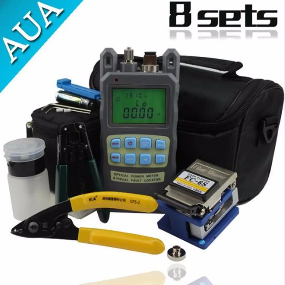 

8 In 1 Fiber Optic FTTH Tool Kit with Fiber Cleaver and 2 in 1 Optical Power Meter visual falut locator 5km