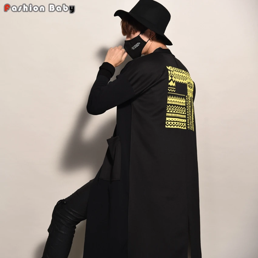 Men's Unique Yellow Applique Loose Trench Coats Fashion Big Pockets