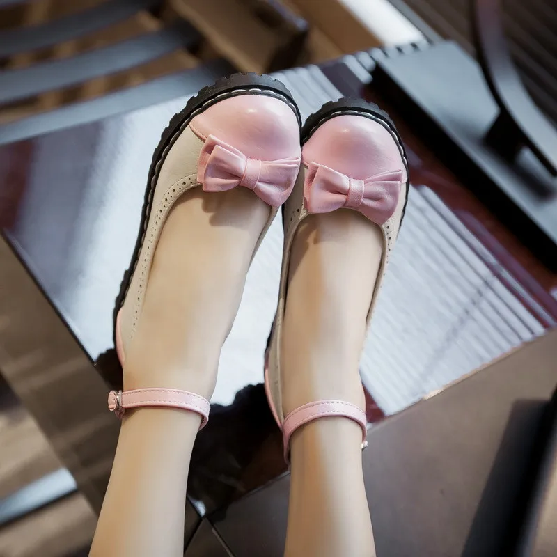 

YMECHIC Summer 2019 Large Sizes Cute Lolita Women Platform Shoes Pink Black Bowtie Ankle Strap Chunky Low Heels Pumps Women
