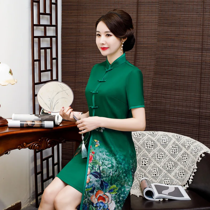 Винтажное зеленое 2 шт. платье в китайском стиле Aodai Qipao короткое с принтом из
