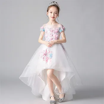 

Summer Baby Kids Elegant Hand-made Flowers Shoulderless Birthday Evening Party Fluffy Dress Children Girls Piano Pageant Dress