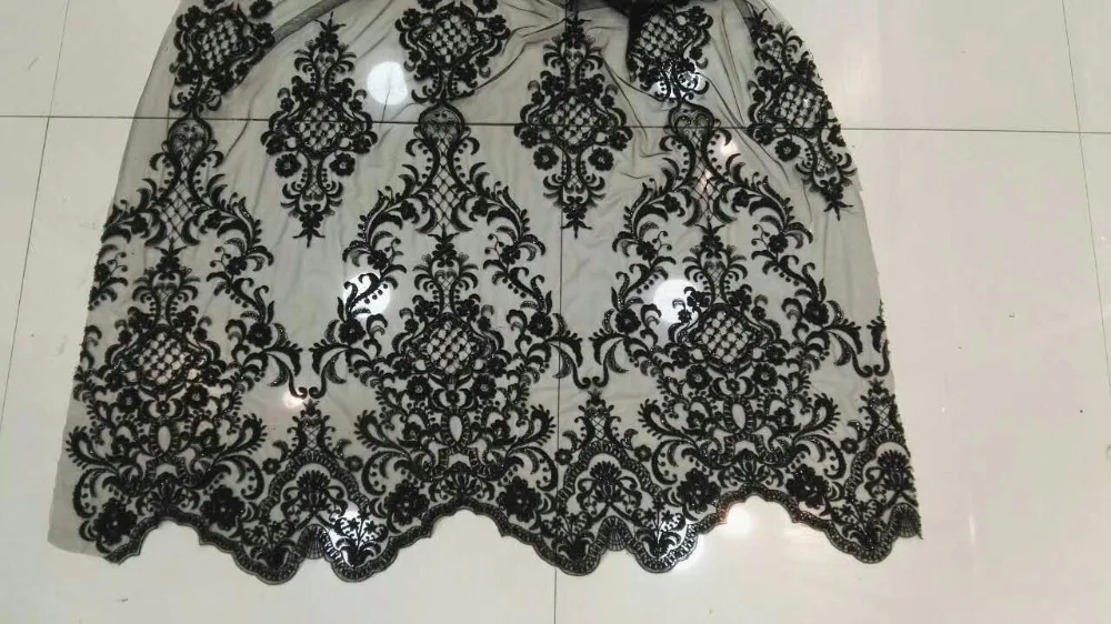 

5yards hh002 good quality black beads nice dobby embroidery net mesh french lace fabric for evening dress/wedding